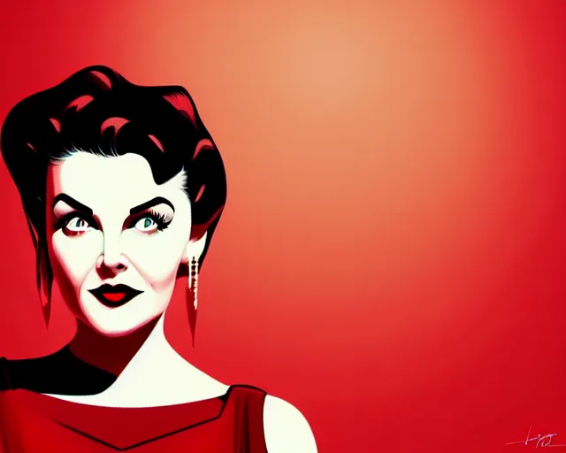 Prompt: young sherilyn fenn, twin peaks, red curtain background, retro futurism, half portrait by stanley artgerm, dramatic lighting, ilya kuvshinov, trending on artstation, flat colour, geometric curves, gradient filter, pleasing tone colours, 5 0 s style