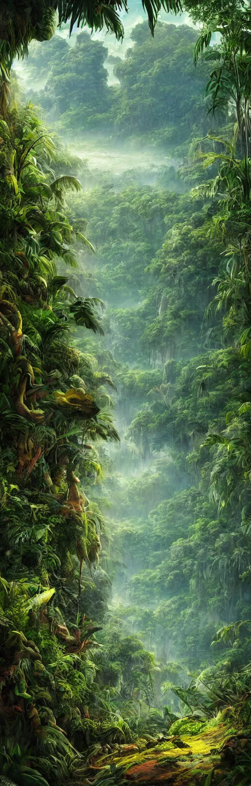 Image similar to painting of a jungle scene on an alien planet by vincent bons. ultra sharp high quality digital render. detailed. beautiful landscape. weird vegetation. water.