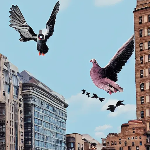 Prompt: Digital art of a woman riding a giant pigeon in the city skies