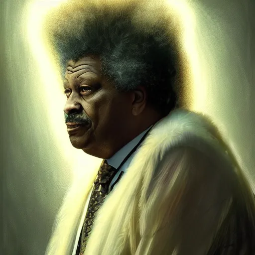 Image similar to portrait of Don King taking a dump, men's bathroom, grunge, feminine ethereal, holy sacred light rays, handsome, volumetric light, D&D, fantasy, intricate, elegant, highly detailed, digital painting, artstation, concept art, matte, sharp focus, illustration, art by Artgerm and Greg Rutkowski and Alphonse Mucha