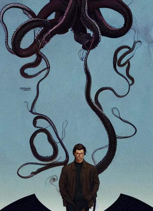 Prompt: poster artwork by Michael Whelan and Tomer Hanuka, Karol Bak of Tom Cruise black tentacles emerge from his back, from scene from Twin Peaks, clean, simple illustration, nostalgic, domestic, full of details