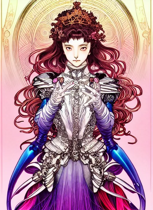 Prompt: highly detailed artgerm terada katsuya artstation ayami kojima manga poster of princess mechine, rainbow gradient reflection, long hair, armor, dress, laces, ruffles, 8 k, maximalist,, jump comics, tomer hanuka, alphonse mucha