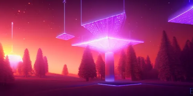 Image similar to a beautiful network of glowing cubes appears in the sky above a fantasy landscape, atmospheric lighting, intricate, volumetric lighting, beautiful, sharp focus, ultra detailed, in the art style of bowater charlie, brom gerald, astrophotography, rendered in cinema 4 d, quantum wavetracing, rendered in maya