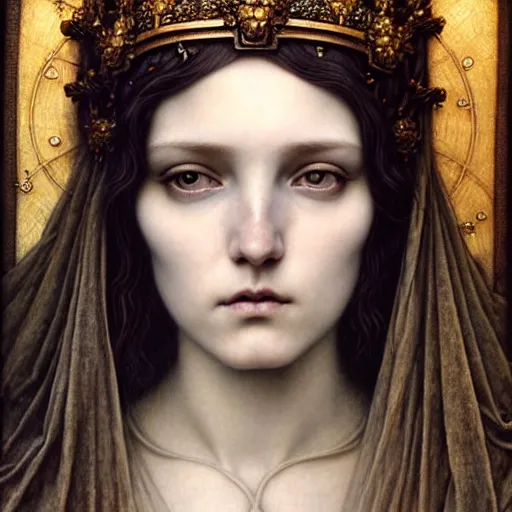 Image similar to detailed realistic beautiful young medieval queen face portrait by jean delville, tom bagshaw, brooke shaden, gustave dore and marco mazzoni, art nouveau, symbolist, visionary, gothic, pre - raphaelite, ornate gilded medieval icon, surreality, ethereal, unearthly, haunting, celestial, neo - gothic, ghostly, memento mori, nightmare