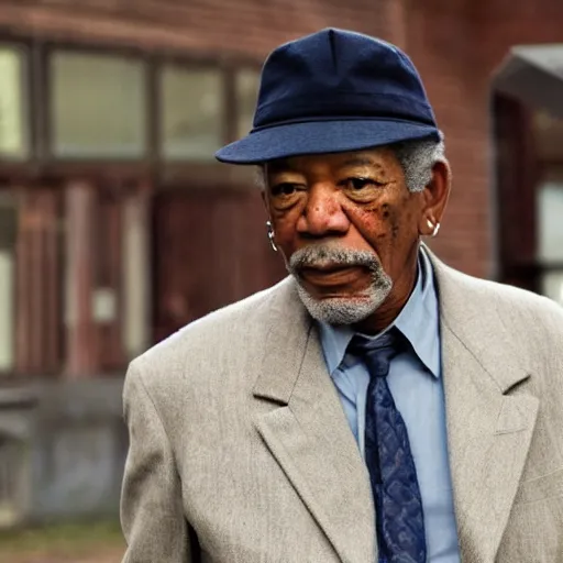 Image similar to still morgan freeman in peacky blinders wearing a news boy cap