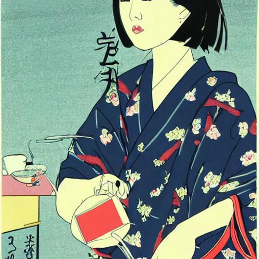 Image similar to Beautiful Japanese woman drinking tea with a snake by Toshio Saeki ultra high detailed