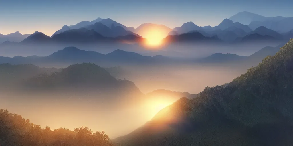 Image similar to sunset over the mountains with mist in the valley, concept art 8k