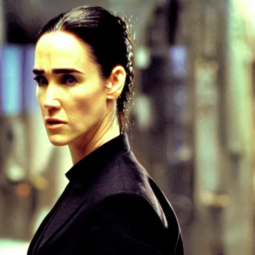 Image similar to jennifer connelly in matrix, cinema, still from movie, action, blu ray, 4 k, strong acting