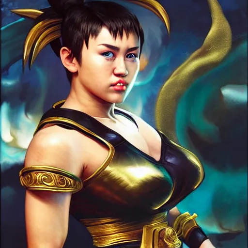 Image similar to miley cyrus as chun li from street fighter, 4 k, ultra realistic, detailed focused art by artgerm and greg rutkowski and alphonse mucha