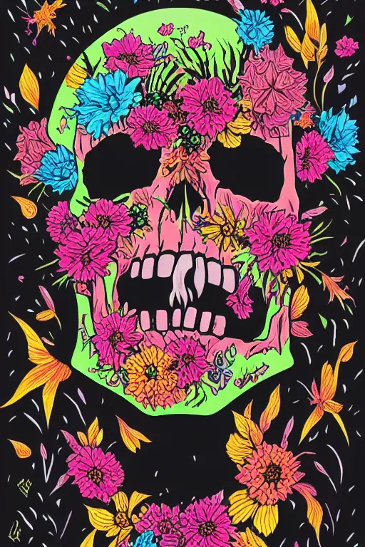 Prompt: large skull painted with vivid flowers on a black suit and tie by Jen Bartel and Dan Mumford and Satoshi Kon, gouache illustration