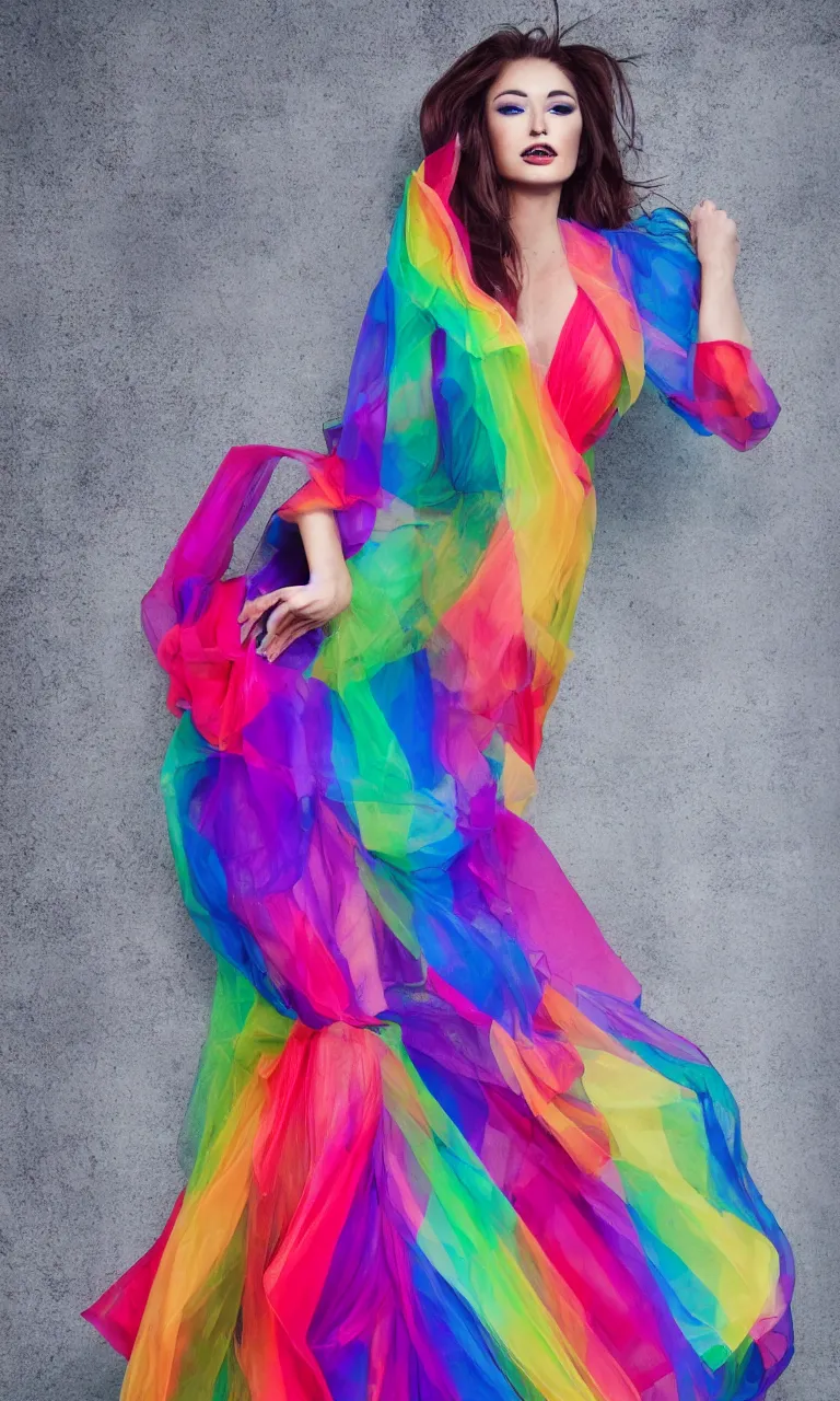 Image similar to full-length photo of a beautiful woman wearing a sheer rainbow dress, fashion photography