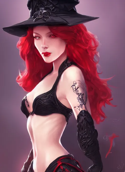 Image similar to a highly detailed illustration of red haired lady wearing black noir dress and black sun hat, dramatic smile pose, intricate, elegant, highly detailed, centered, digital painting, artstation, concept art, smooth, sharp focus, league of legends concept art, wlop.