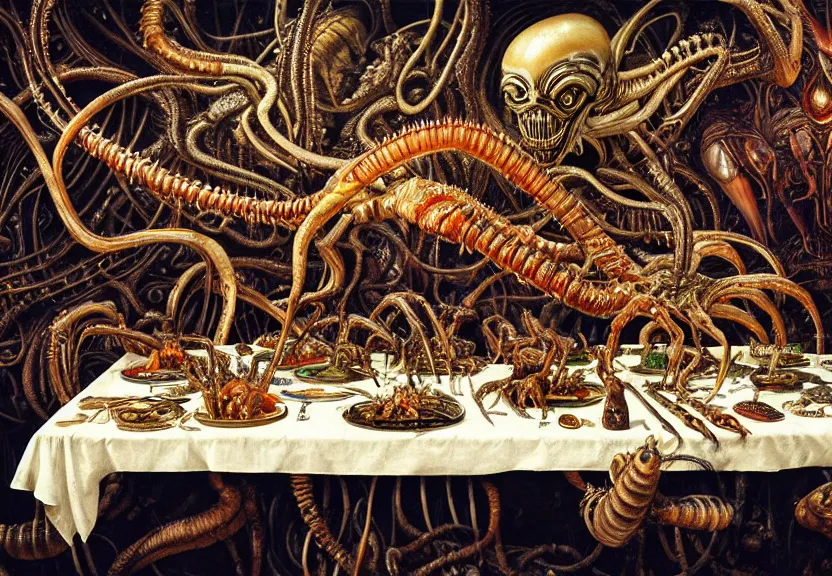 Prompt: an opulent banquet of food on a table covered with colorful spiders and hissing cockroaches and porcupines. many colored laser beams bounce around. giger ’ s xenomorph. the thing. reclaimed lumber, detailed and intricate environment, hyperrealism, food photography, rembrandt