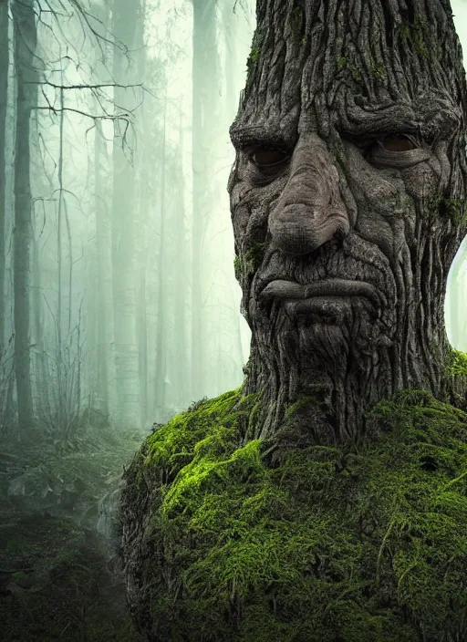 Prompt: a digital 3 d hyperrealistic ancient tree with an old man face covered with bark, eyebrows and mustache made of moss, in a dark mysterious forest at night, dramatic mysterious lighting,