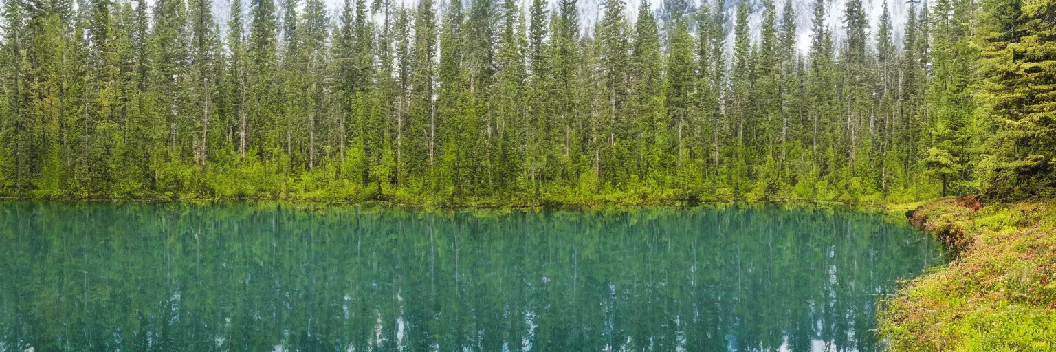 Image similar to a Lake next to a winding Road with many trees and reflections