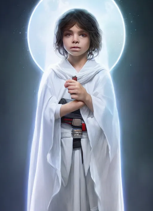 Image similar to perfectly - centered - portrait of a kid wearing white cloak holding light saber, intricate, highly detailed, digital painting, artstation, concept art, smooth, sharp focus, illustration, unreal engine 5, 8 k, art by artgerm and greg rutkowski and alphonse mucha