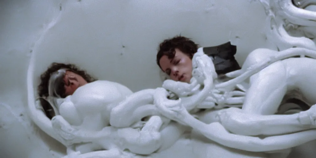 Image similar to a wide shot of Ripley sleeping inside an all-white room of cryogenic sleep chambers by Ridley Scott, Alien movie, grainy, bluish and cream tones