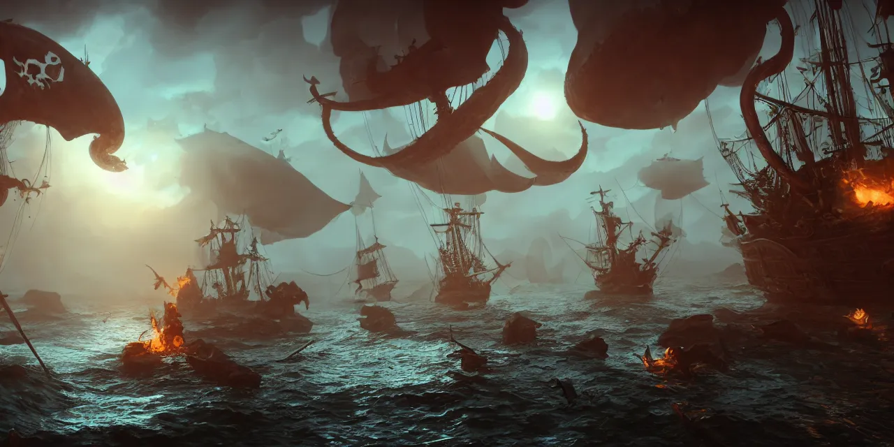 Image similar to pirates vs the kraken tentacles coming out of the water, cinematic, foggy, volumetric lighting, fire, unreal engine, trending on artstation