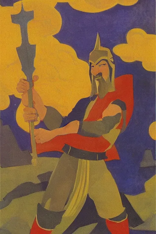 Image similar to thor with hammer, marvel, artwork by nicholas roerich,