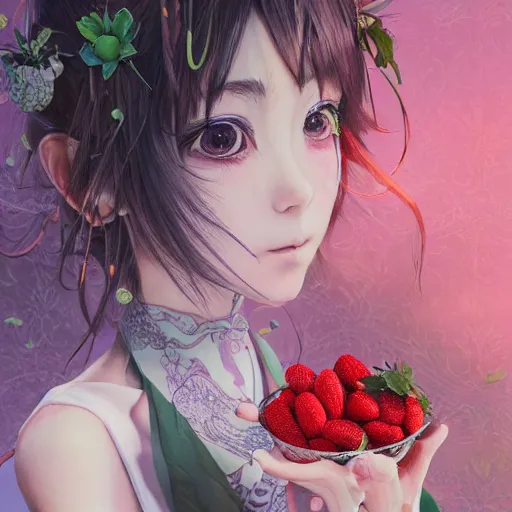 Image similar to the portrait of an absurdly beautiful, graceful, elegant, young japanese anime girl made of strawberries and green petals, an ultrafine hyperdetailed illustration by kim jung gi, irakli nadar, intricate linework, bright colors, octopath traveler, final fantasy, angular, unreal engine 5 highly rendered, global illumination, radiant light, detailed and intricate environment