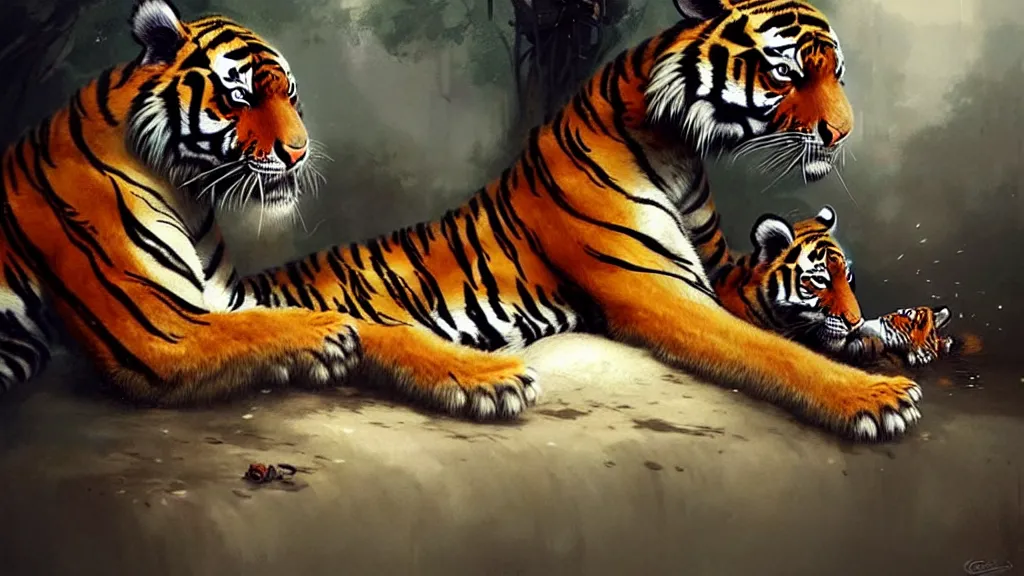 Prompt: the relationship between a girl and a tiger. they love each other, girl with beautiful woman body, detailed digital art by greg rutkowski.