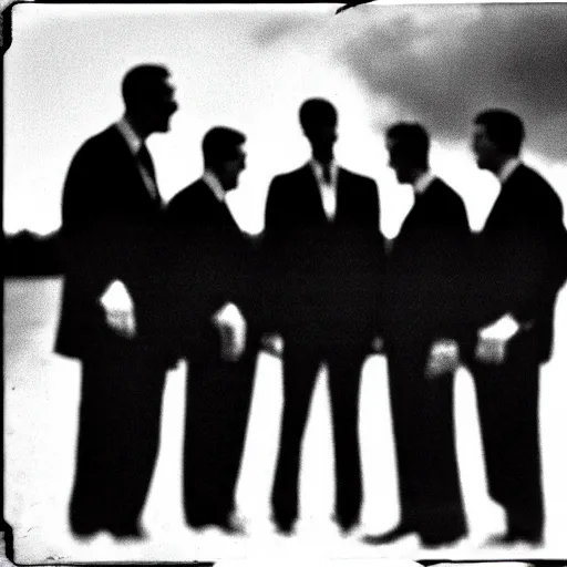 Image similar to 8 mm film, blurry, grainy, liminal, unsettling, group of tall men in suits in a field at night, thunderstorm, dark