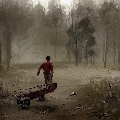 Image similar to painting by jakub rozalski of a person walking with a wheelbarrow in an abandoned post soviet town infested with root monsters