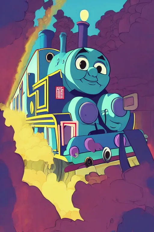 Prompt: concept art painting of a demonic thomas the tank engine, artgerm, moebius, inio asano, toon shading, cel shading, calm, tranquil, vaporwave colors,