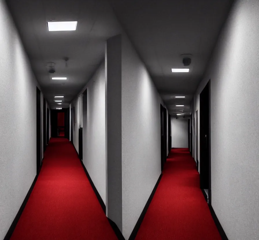 Image similar to spooky photo of a dark infinite hallway with open lit doorways all the way down, dramatic lighting, smoke, ceiling fluorescent lighting, black and red colour palette