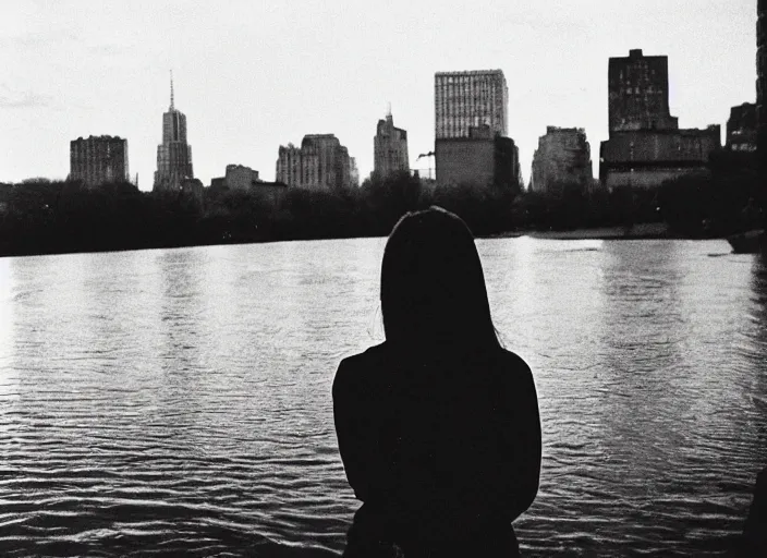 Image similar to a 35mm photograph from the back of a woman standing at the edge of a river in Harlem, New York City in the 1960's at sunset, bokeh, Canon 50mm, cinematic lighting, photography, retro, film, Kodachrome, award-winning, rule of thirds, golden hour