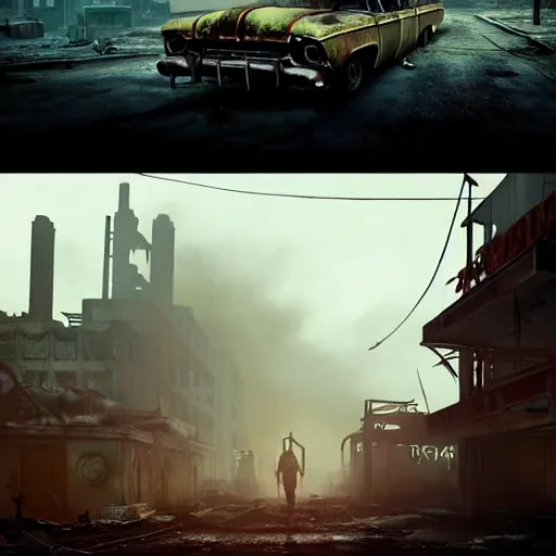 Prompt: fallout 4 : miami, ruined city environment, rusted vintage cars and trucks mysterious atmospheric lighting, matte painting, intricate, iridescent, volumetric lighting, beautiful, rich deep colours masterpiece, fog golden hour, golden ratio, sharp focus, ultra detailed, by leesha hannigan, ross tran, thierry doizon, kai carpenter, ignacio fernandez rios