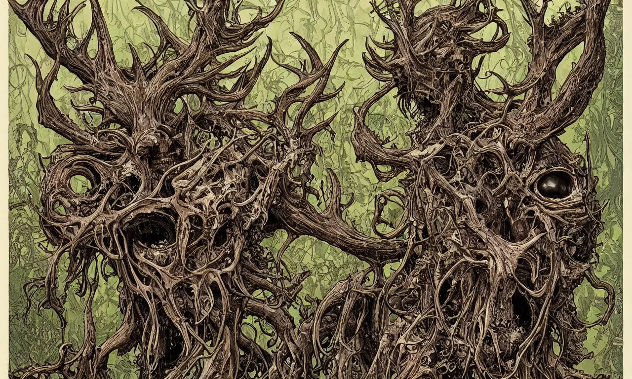 Image similar to hyperdetailed art nouveau portrait of treebeard as a cthulhu eyeball moose skull wendigo cryptid monster, by geof darrow, simon bisley and bill sienkiewicz, grim yet sparkling atmosphere, photorealism, claws, skeleton, antlers, fangs, forest, wild, crazy, horror, lynn varley, lovern kindzierski, steve oliff