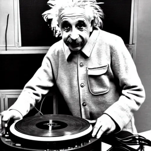 Image similar to photo of Albert Einstein DJing a record player, vintage, highly detailed facial features