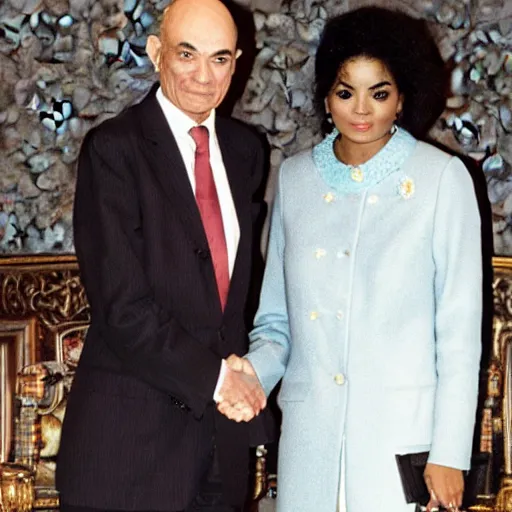 Prompt: pim fortuyn and michael jackson shaking hands, on a podium, in front of the queen