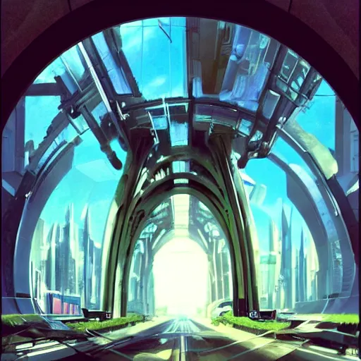 Image similar to overgrown futuristic cityscape located under a bridgeway, world seen only through a portal, daylight, cinematic perspective, cinematic lighting, blue sky, syd mead, john harris, symmetrical