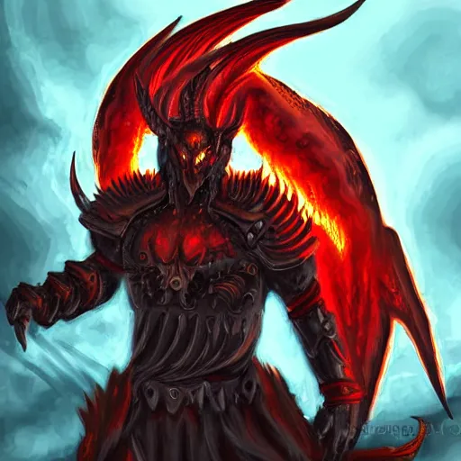 Image similar to demon with fiery wings wearing armor, grimdark, digital art, detailed