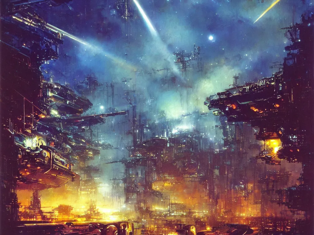 Image similar to C-beams glittering in the dark near the Tannhäuser Gate by john harris and john berkey, matte, masterpiece, atmospheric, wide angle shot