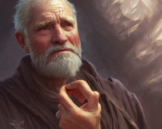 Image similar to old man with a ring on each finger, deep focus, d & d, fantasy, intricate, elegant, highly detailed, digital painting, artstation, concept art, matte, sharp focus, illustration, hearthstone, art by artgerm and greg rutkowski and alphonse mucha