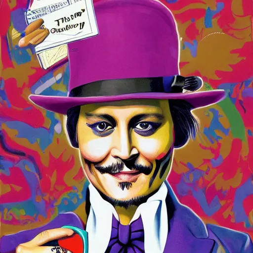 Prompt: Johnny Depp is covered in a blanket and drinking tea in Willy Wonka's Chocolate Factory, Illustration, Colorful, by Liu Wei