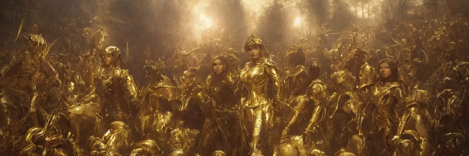 Image similar to a single young girl wearing a gold armor standing in a battlefirld, surrounded by dead bodies, extremely realistic and highly detailed painting by gaston bussiere and j. c. leyendecker 8 k, sharp focus, octane render, dramatic volumetric lighting and extremely realistic faces