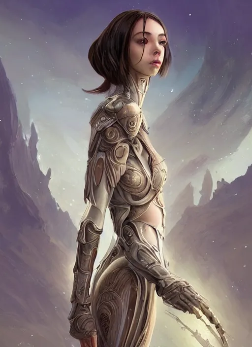 Image similar to a professional painting of a beautiful young female alien, clothed in ethereal armor, olive skin, long dark hair, beautiful bone structure, symmetrical facial features, intricate, elegant, digital painting, concept art, smooth, sharp focus, illustration, from Valerian and the City of a Thousand Planets, by Ruan Jia and Mandy Jurgens and Artgerm and William-Adolphe Bouguerea