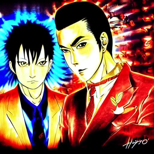 Image similar to beautiful amazing anime portrait painting of kiryu kazuma and goro majima in tokyo. neon lights. by hayao miyazaki, katsuhiro otomo, akira toriyama, satoshi kon, eiichiro oda, hideaki anno