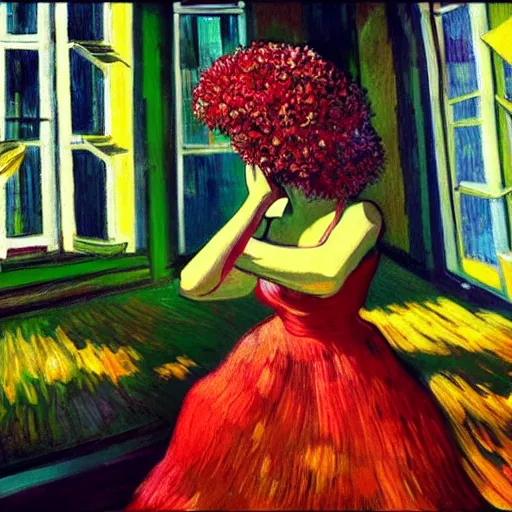 Prompt: giant flower under head, woman next to modern windows, luxury apartment, surreal photography, dramatic light, impressionist painting, digital painting, artstation, van gogh