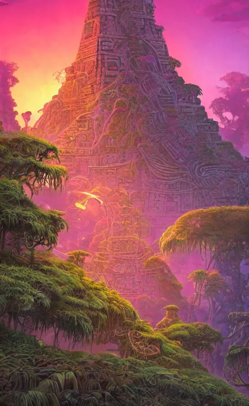 Image similar to a mayan temple, microscopic tardigrade, microbiology, magical forest, ruins, civilization, vegetation, futuristic, sharp focus, electric swirls, backlight, risograph, intricate details, disney pixar, james gilleard, moebius, print, iridescent, global illumination, anime, game art