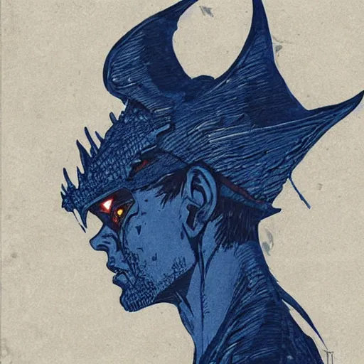 Prompt: blue woodcut print cartoon, tiefling by greg rutkowski, fine details, highly detailed