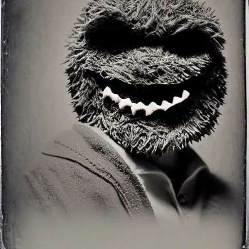 Image similar to creepy cookie monster, with evil grin, tintype, realistic.