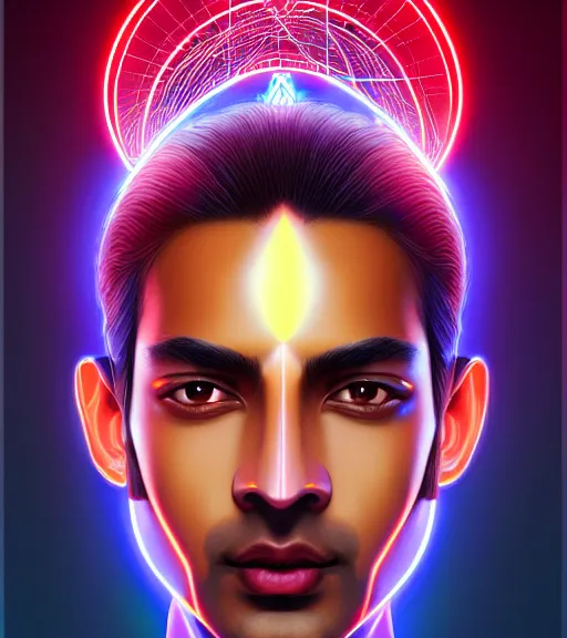 Image similar to symmetry!! indian prince of technology, solid cube of light, hard edges, product render retro - futuristic poster scifi, lasers and neon circuits, brown skin handsome indian prince, intricate, elegant, highly detailed, digital painting, artstation, concept art, smooth, sharp focus, illustration, dreamlike, art by artgerm