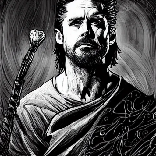 Image similar to black and white pen and ink!!!! rugged royal! Baháʼí Faith goetic Hugh Jackman x Ryan Gosling golden!!!! Vagabond!!!! floating magic swordsman!!!! glides through a beautiful!!!!!!! battlefield dramatic esoteric!!!!!! pen and ink!!!!! illustrated in high detail!!!!!!!! by Junji Ito and Hiroya Oku!!!!!!!!! graphic novel published on 2049 award winning!!!! full body portrait!!!!! action exposition manga panel black and white Shonen Jump issue by David Lynch and Frank Miller beautiful line art Hirohiko Araki-s 150