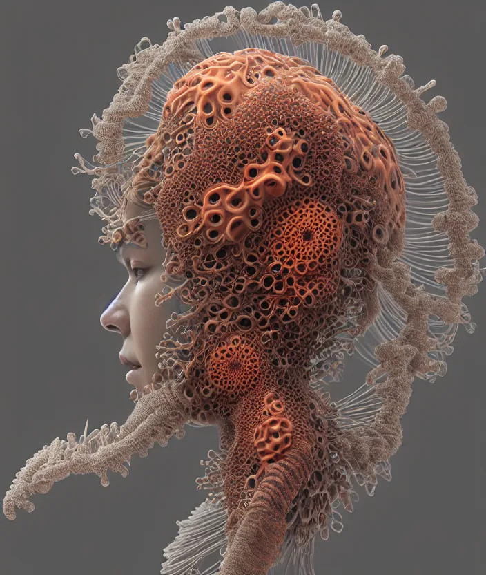 Image similar to portrait intricate mask, eagle coral, jelly fish, mandelbulb 3 d, fractal flame, octane render, cyborg, biomechanical, futuristic, by ernst haeckel