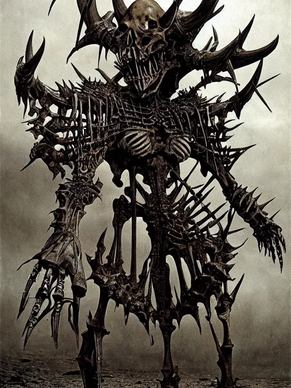 Prompt: A spiked horned ork skeleton with armored joints stands. Massive shoulderplates made of bone. Extremely high detail, realistic, fantasy art, solo, masterpiece, bones, ripped flesh, art by Zdzisław Beksiński, Arthur Rackham, Dariusz Zawadzki